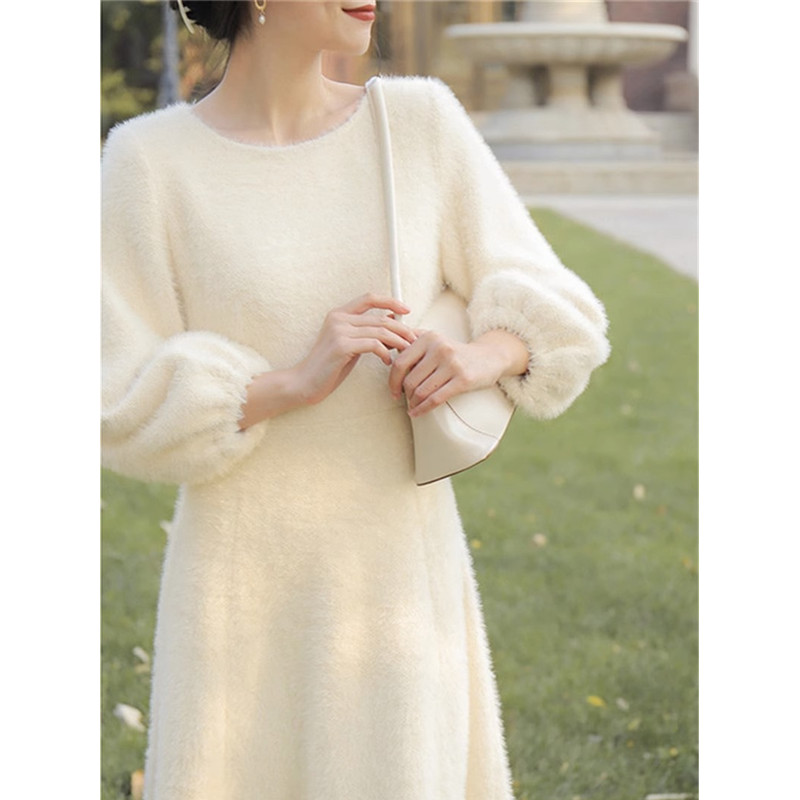 French Fairy Long Dress, Womens Plush Gentle White Sweater Dress Spring Autumn, New Velvet Thickening Style Dresses