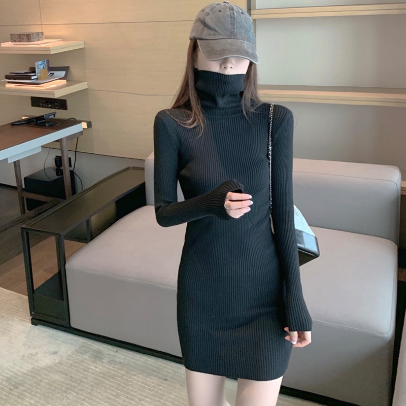 Fashion Female Long Sleeve Skinny Sweater Dress, Autumn Winter Turtleneck Casual Knitted Dress, Women Sexy Elastic