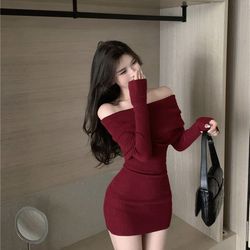 elegant black off shoulder mini dresses, long sleeve fashion slim sexy women autumn winter bodycon sweater dress