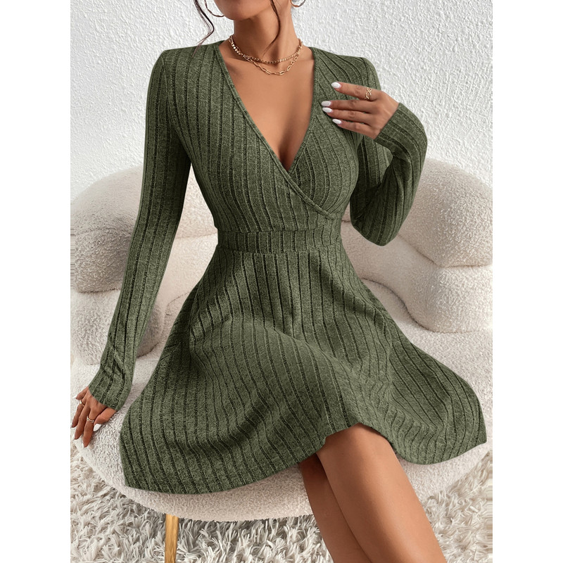 Slim Fit V Neck Long Sleeve Knit Dress For Women Autumn Winter Bodycon Sweater Midi Casual Solid Co 2