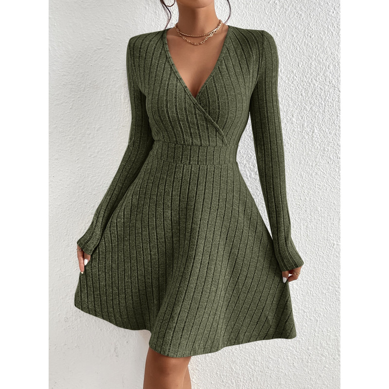 Slim Fit V Neck Long Sleeve Knit Dress For Women Autumn Winter Bodycon Sweater Midi Casual Solid Co 3