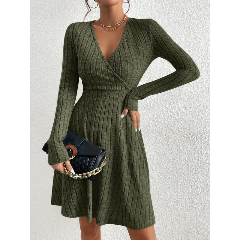 Slim Fit V Neck Long Sleeve Knit Dress For Women Autumn Winter Bodycon Sweater Midi Casual Solid Co 5