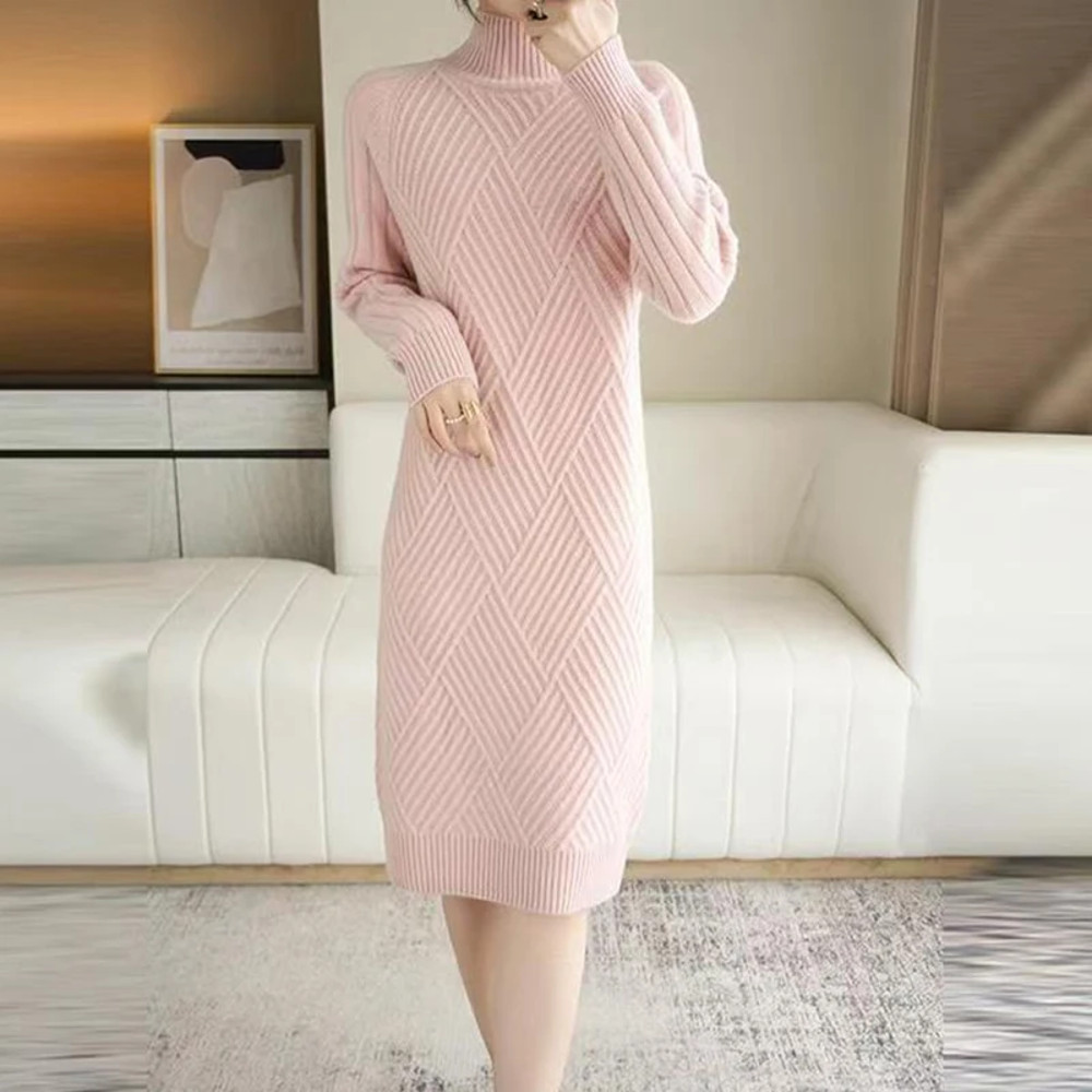 Women Wool Sweater Dress Autumn Winter, Mock Neck Ribbed Solid Knit, Elegant Party Dress for Ladies