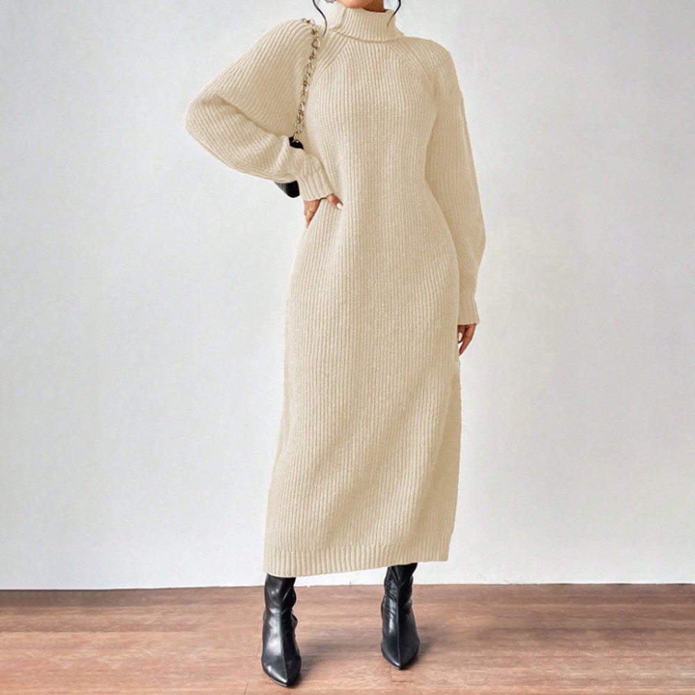 Women Autumn Winter Slouchy Solid Knit Turtleneck Long Sweater Dress Loose Knit Dress Ankle Length  0