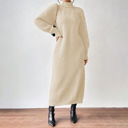 women autumn winter slouchy solid knit turtleneck long sweater dress, loose knit dress, ankle length party dresses