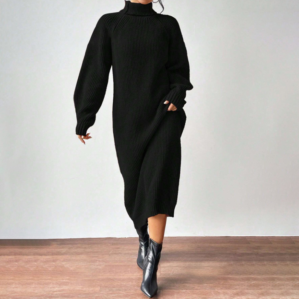 Women Autumn Winter Slouchy Solid Knit Turtleneck Long Sweater Dress Loose Knit Dress Ankle Length  3