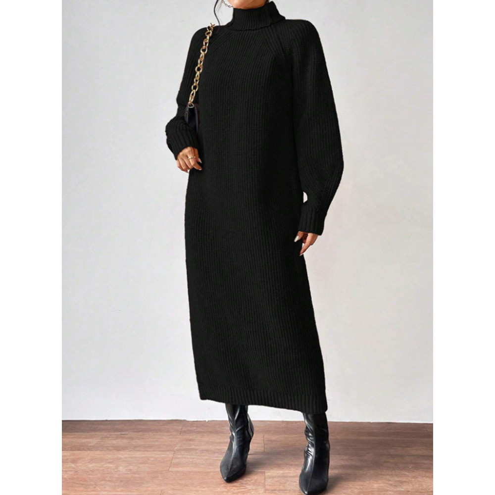 Women Autumn Winter Slouchy Solid Knit Turtleneck Long Sweater Dress Loose Knit Dress Ankle Length  5