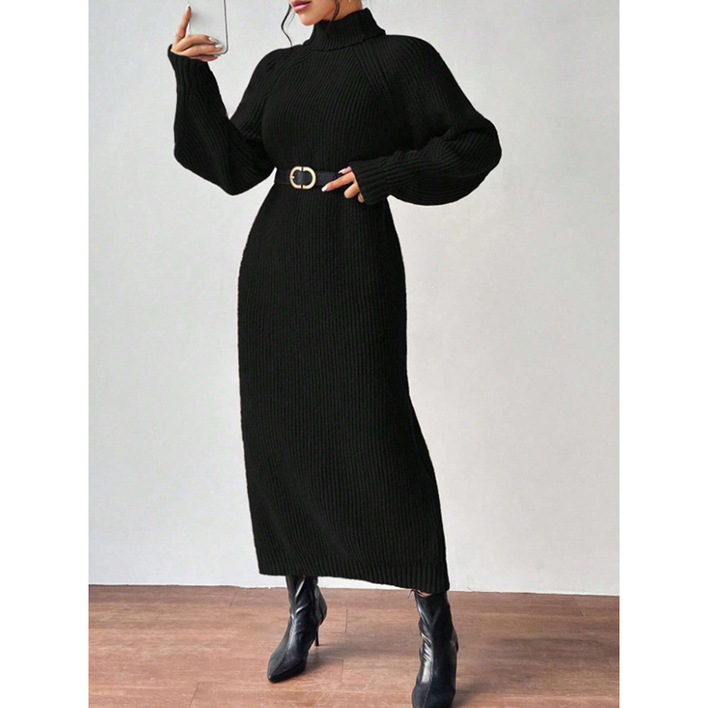 Women Autumn Winter Slouchy Solid Knit Turtleneck Long Sweater Dress Loose Knit Dress Ankle Length  4