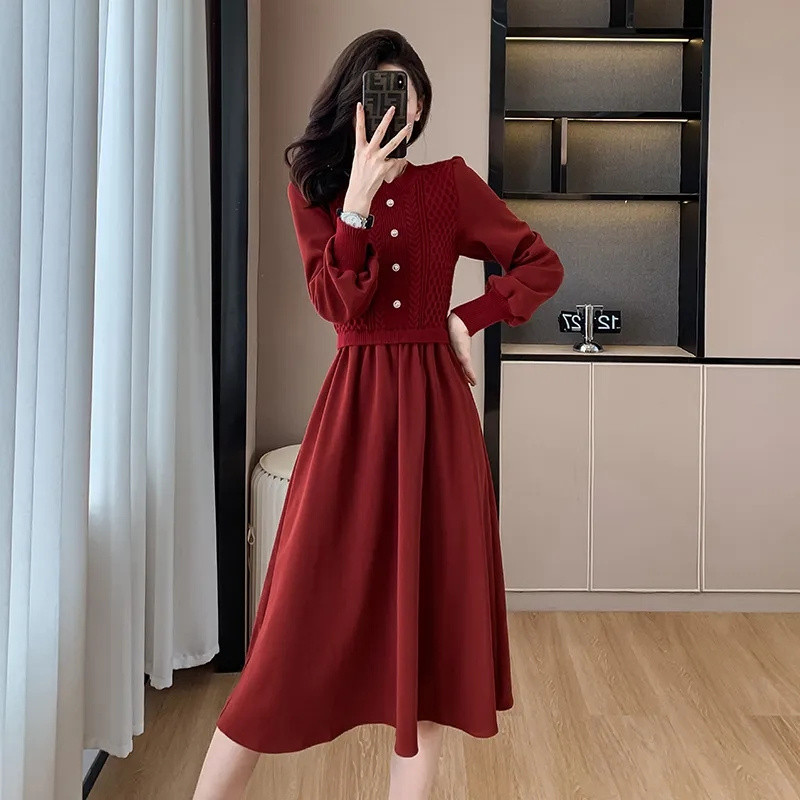Autumn Ladies Long Styles Sweater Dress, Women NewCasual O Neck Long Dresses, Lantern Sleeve Knitted Two Piece Dress