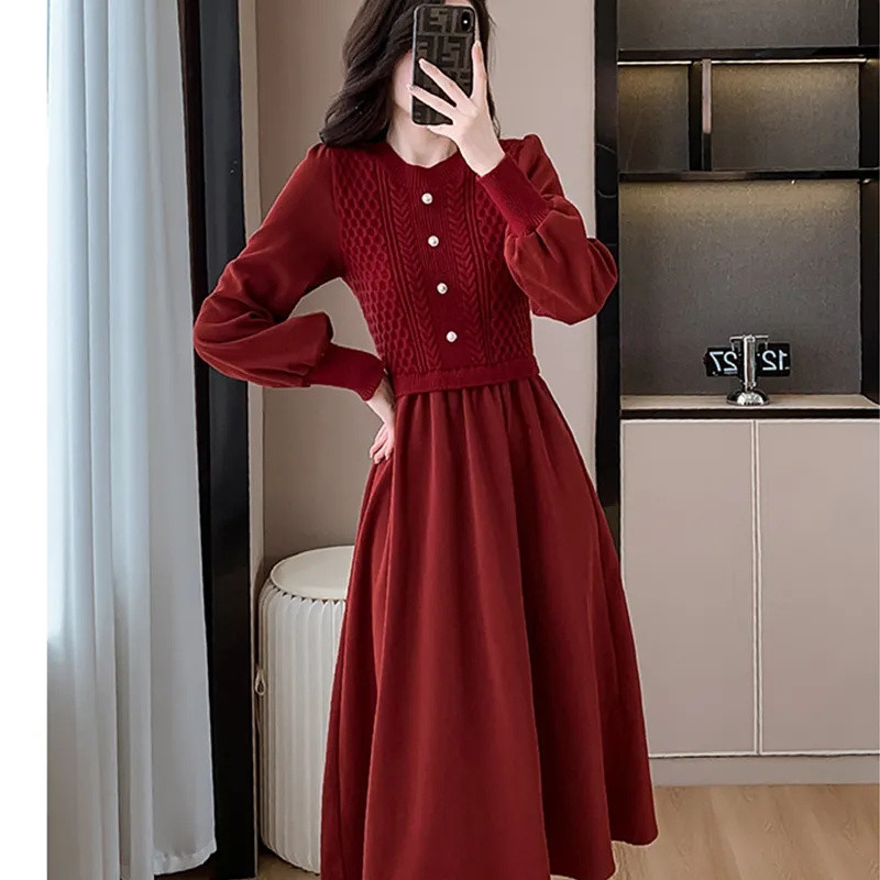 Autumn Ladies Long Styles Sweater Dress, Women NewCasual O Neck Long Dresses, Lantern Sleeve Knitted Two Piece Dress