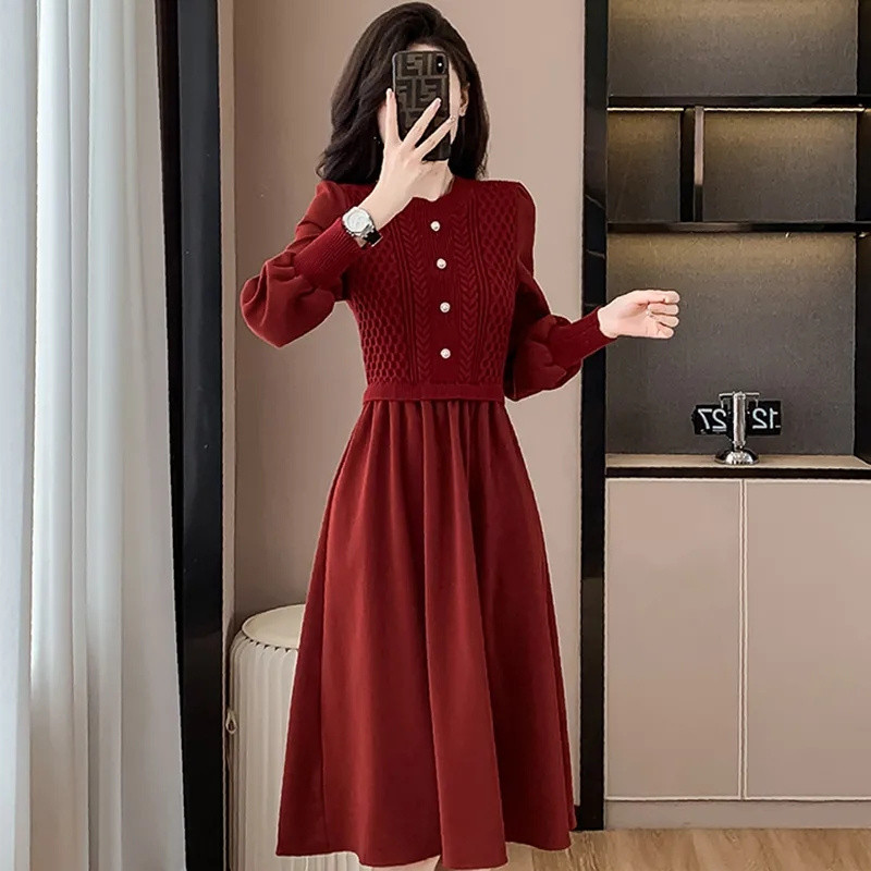 Autumn Ladies Long Styles Sweater Dress, Women NewCasual O Neck Long Dresses, Lantern Sleeve Knitted Two Piece Dress