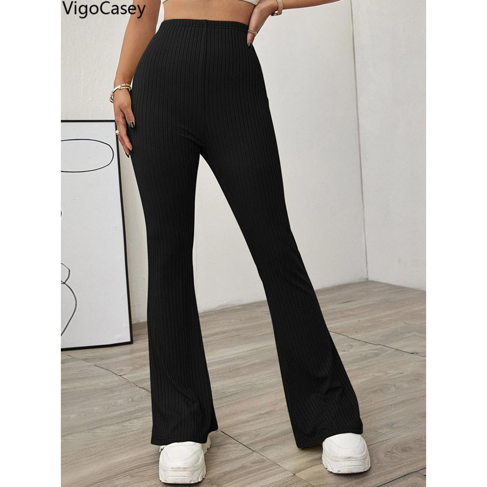 Black High Waist Bell-bottoms Pants Lady, Women Casual Knit Long Pants, Solid Pants Autumn Winter Office Trousers
