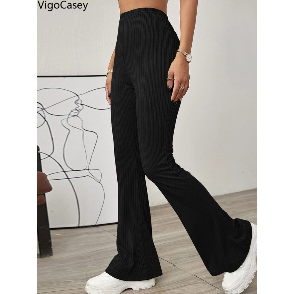 Black High Waist Bell-bottoms Pants Lady, Women Casual Knit Long Pants, Solid Pants Autumn Winter Office Trousers
