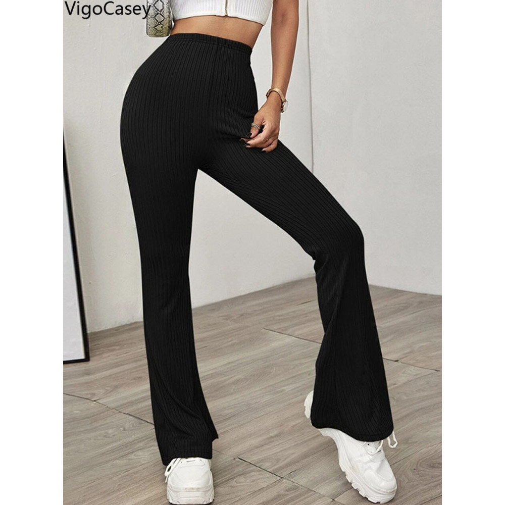 Black High Waist Bell-bottoms Pants Lady, Women Casual Knit Long Pants, Solid Pants Autumn Winter Office Trousers
