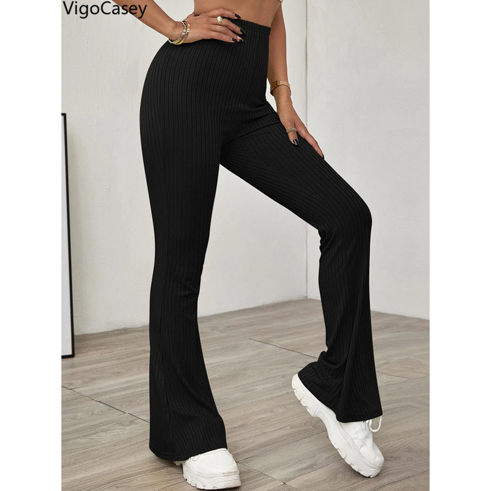 Black High Waist Bell-bottoms Pants Lady, Women Casual Knit Long Pants, Solid Pants Autumn Winter Office Trousers