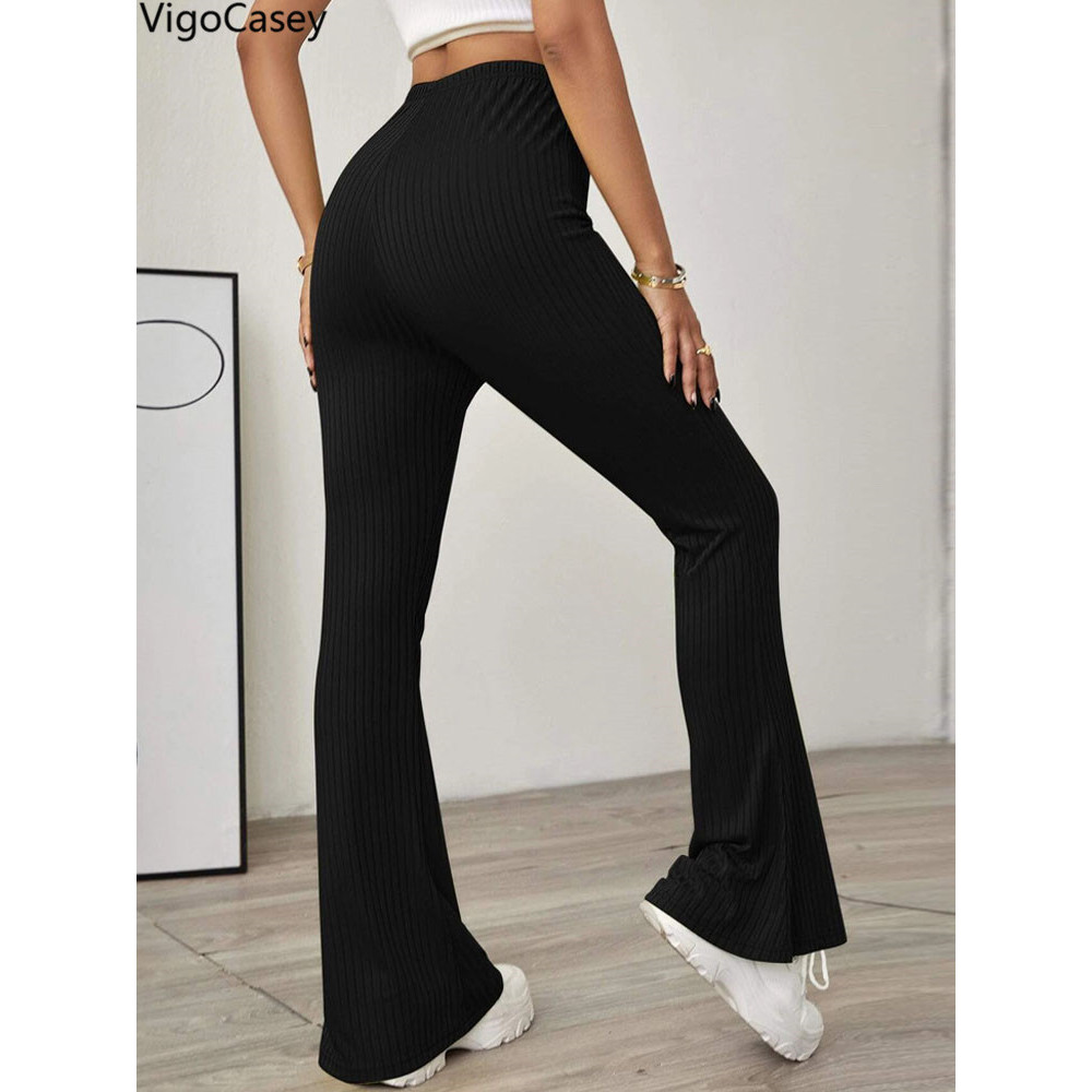 Black High Waist Bell-bottoms Pants Lady, Women Casual Knit Long Pants, Solid Pants Autumn Winter Office Trousers
