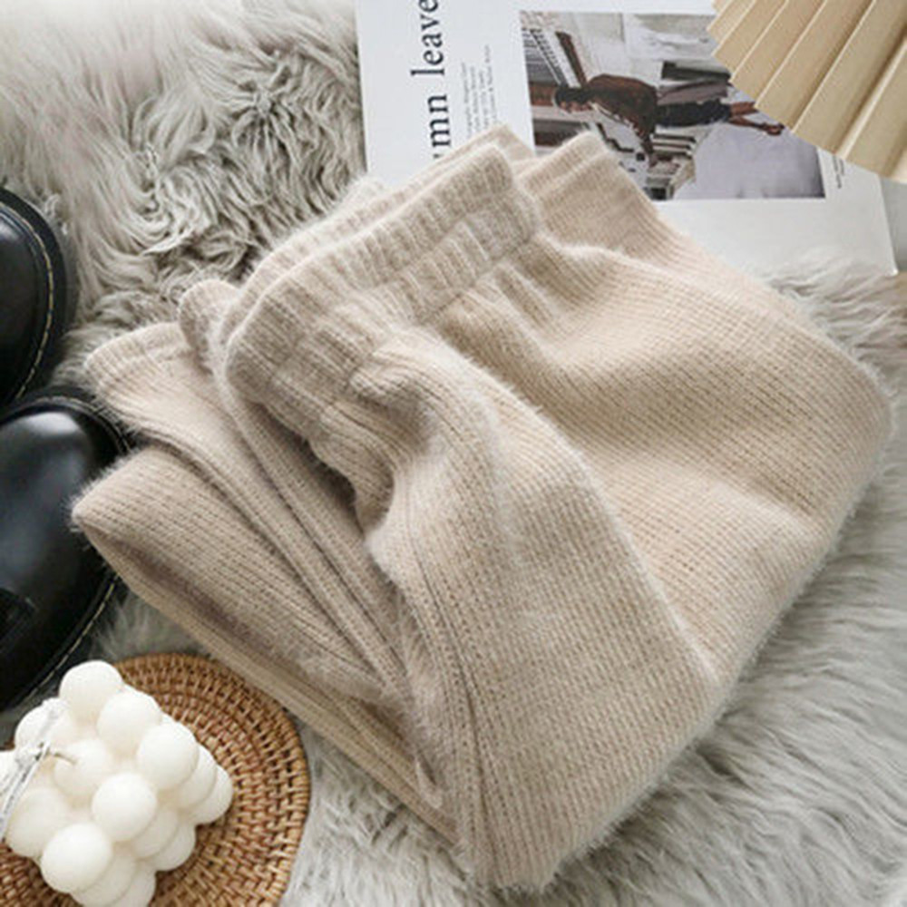 Women Knit Imitation Mink Wide Leg Pants, Autumn Winter Vintage Thick Loose Pants, High Waist Straight Casual Trousers
