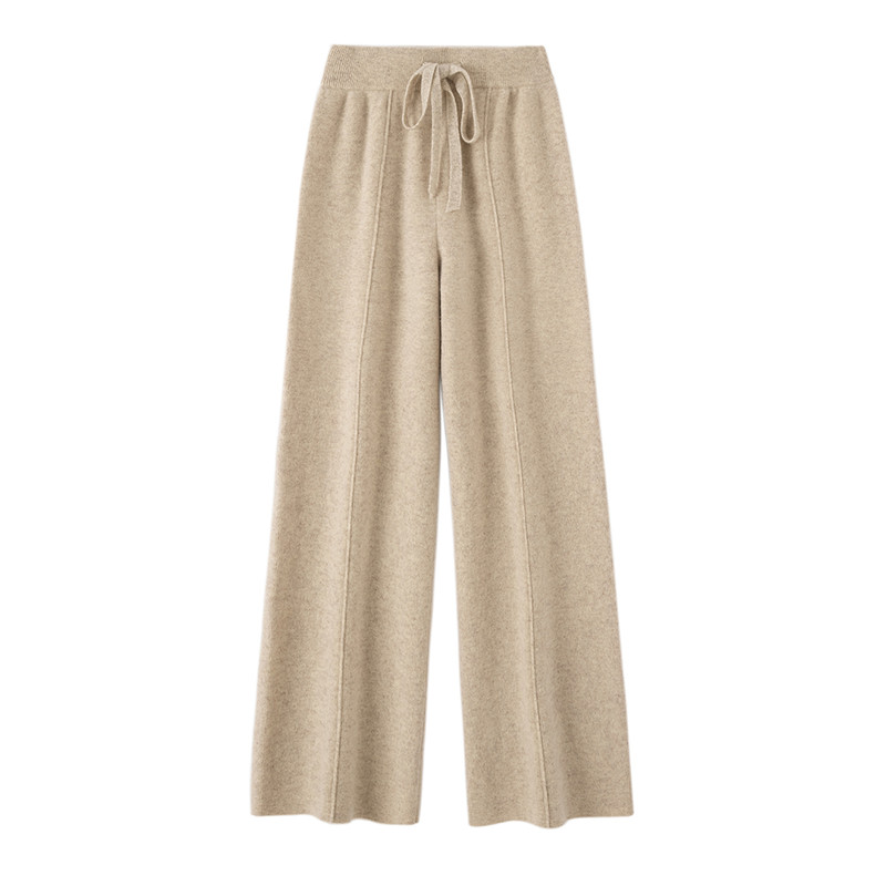 Autumn Winter Dream Women Wool Wide Leg Pants, Cashmere Trousers, Merino Wool Knitted, Elastic Waist Lace Up