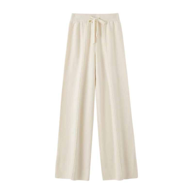 Autumn Winter Dream Women Wool Wide Leg Pants, Cashmere Trousers, Merino Wool Knitted, Elastic Waist Lace Up