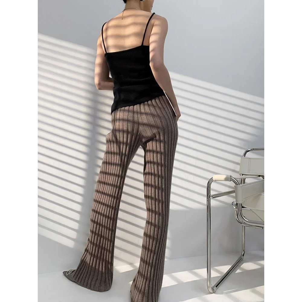 Women Autumn Winter Thick Knitted Pant Wide Leg Fashion Straight Trousers Casual Elastic Knit Pants 2