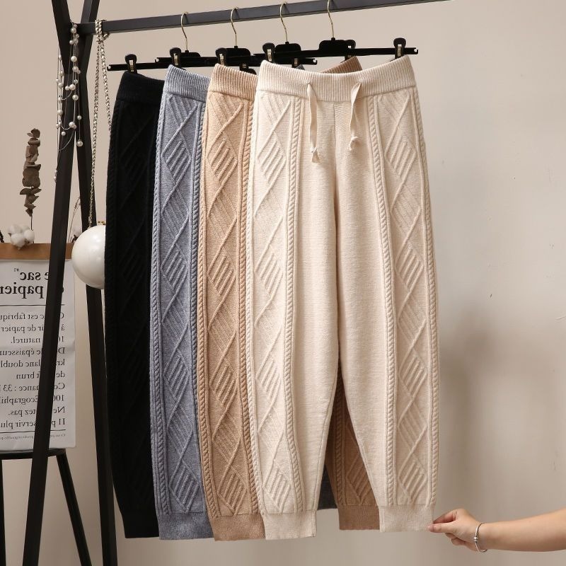 Women Autumn and Winter New Loose Pants, Fried Dough Twists Knitted Wide Leg Pants, Thickened Woolen Harun Radish Pant