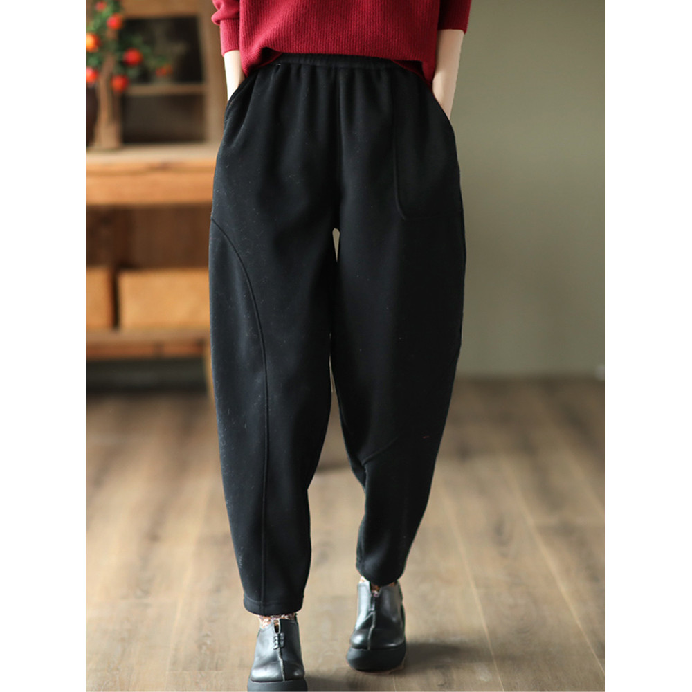 Women Plus Velvet Thick Warm Knitted Sweatpants, Winter All Match Sports Casual Pants, Loose Wide Leg Fashion Trousers
