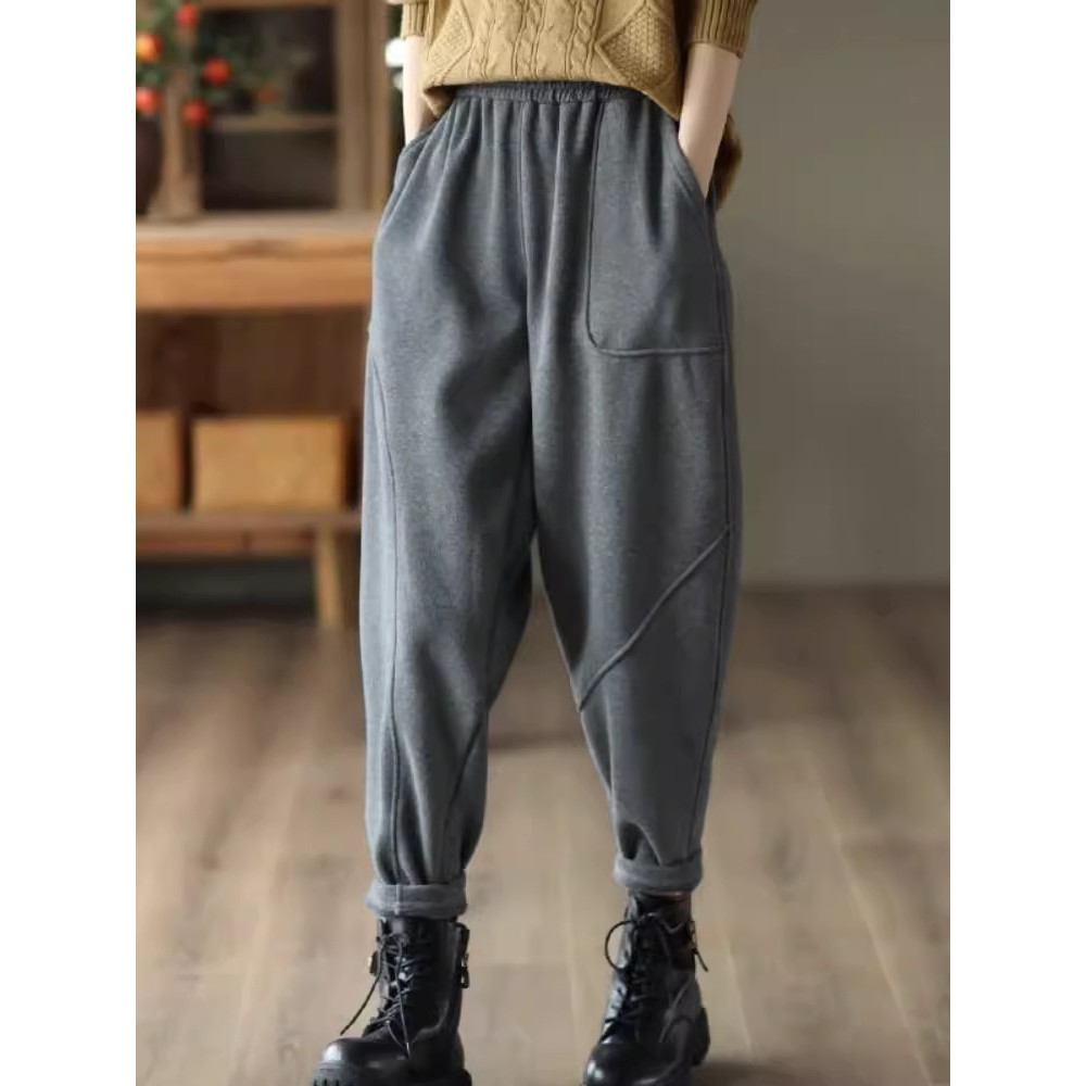 Women Plus Velvet Thick Warm Knitted Sweatpants, Winter All Match Sports Casual Pants, Loose Wide Leg Fashion Trousers