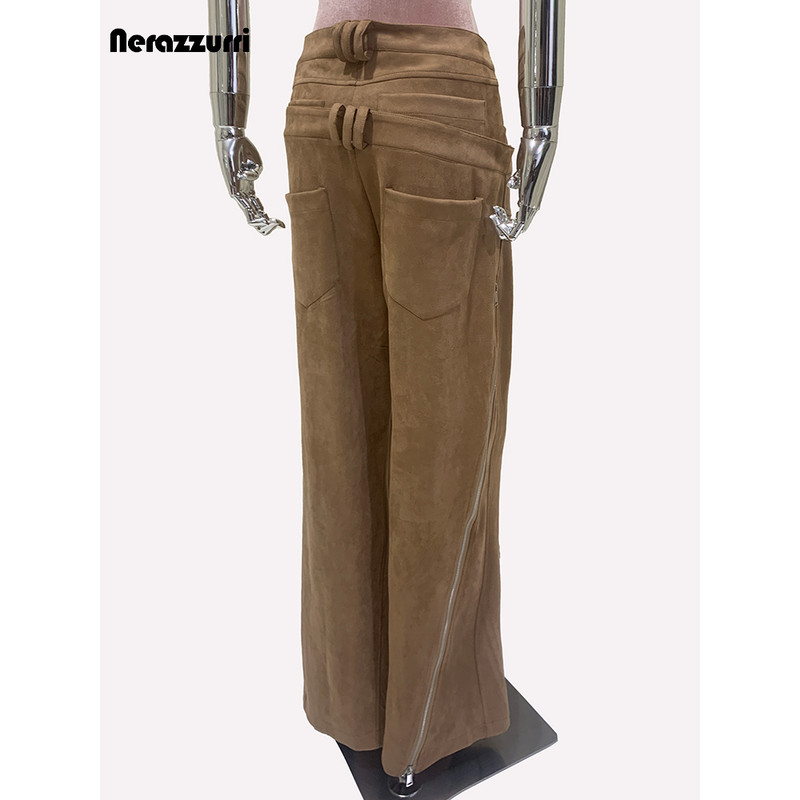 Luxury Designer European Clothes Spring Double Waisted Long Khaki Stretchy Suede Faux Leather Pants 1