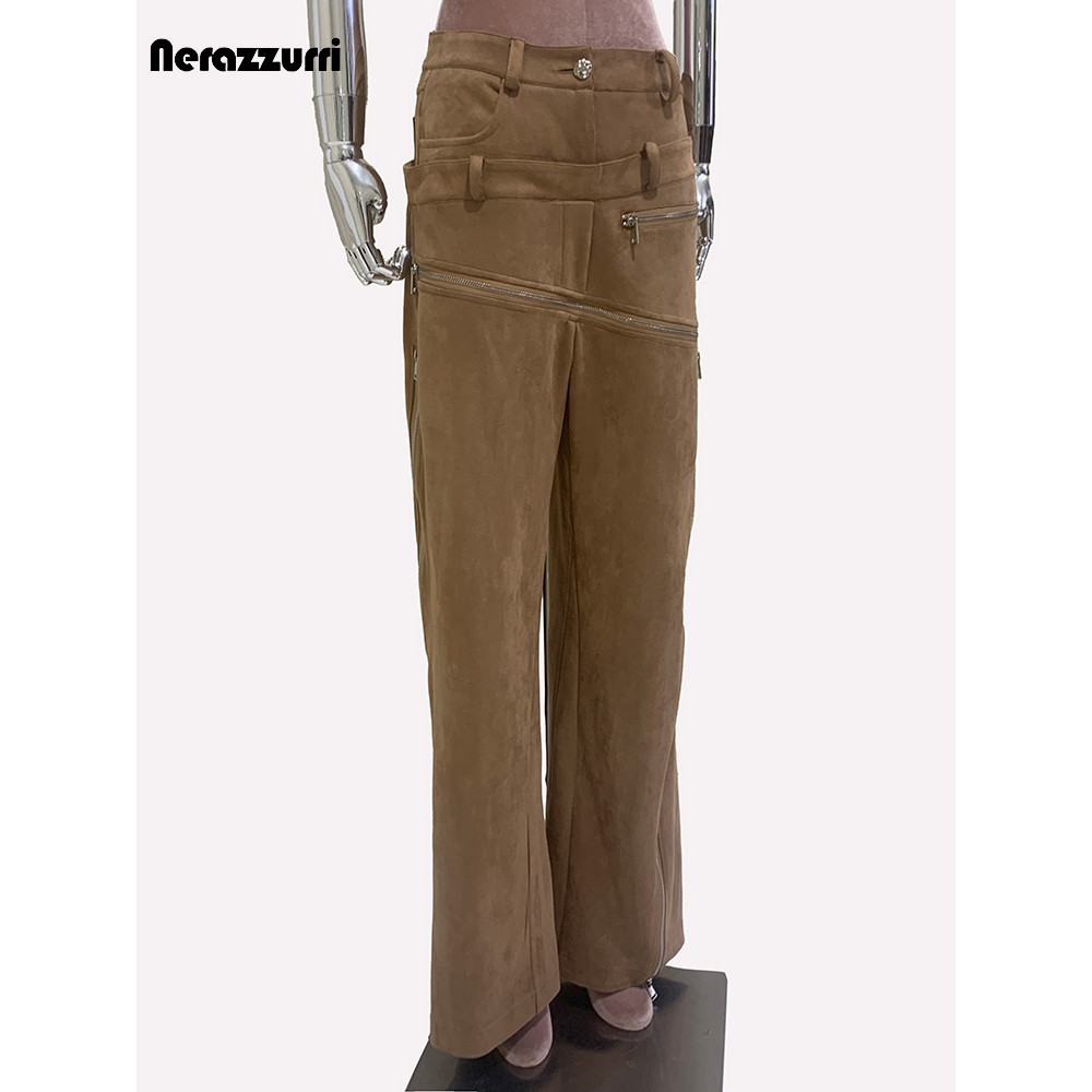 Luxury Designer European Clothes Spring Double Waisted Long Khaki Stretchy Suede Faux Leather Pants 2