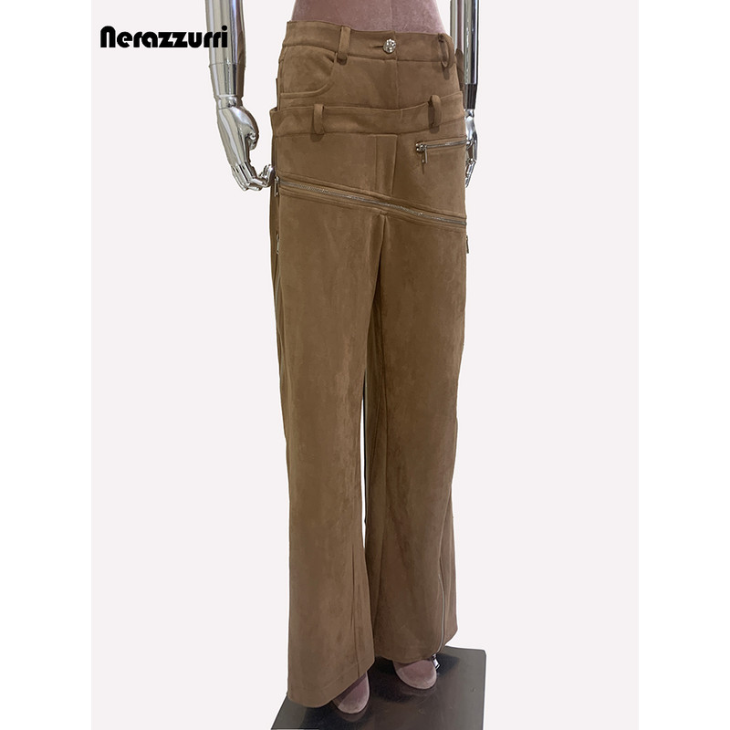 Luxury Designer European Clothes Spring Double Waisted Long Khaki Stretchy Suede Faux Leather Pants 2