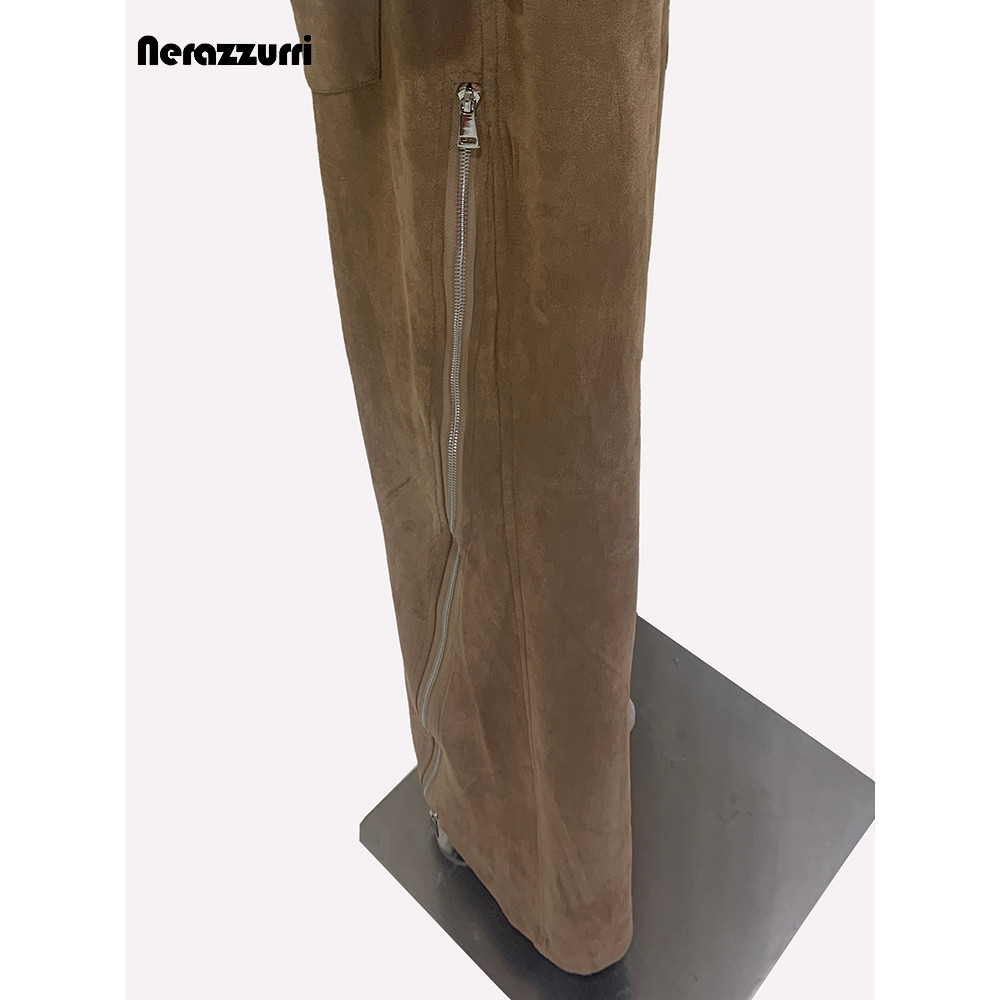 Luxury Designer European Clothes Spring Double Waisted Long Khaki Stretchy Suede Faux Leather Pants 4
