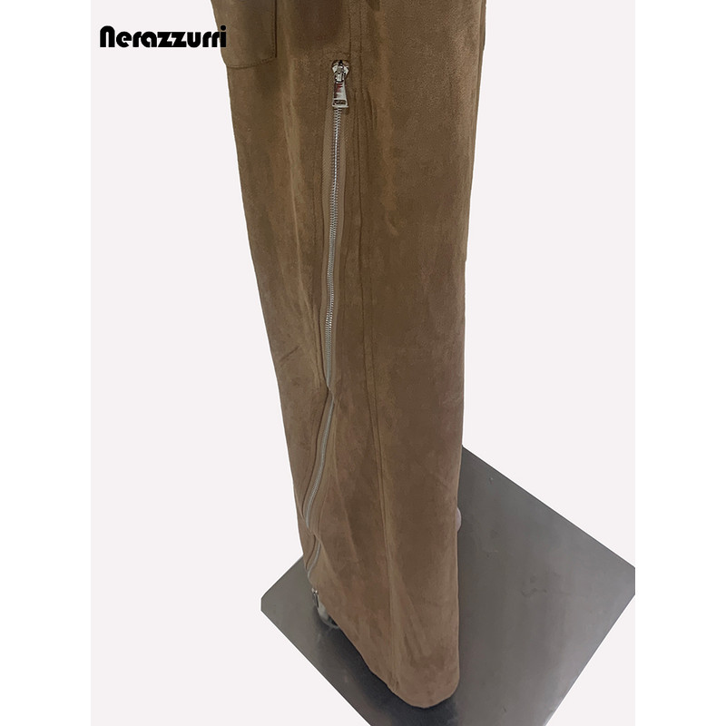 Luxury Designer European Clothes Spring Double Waisted Long Khaki Stretchy Suede Faux Leather Pants 4