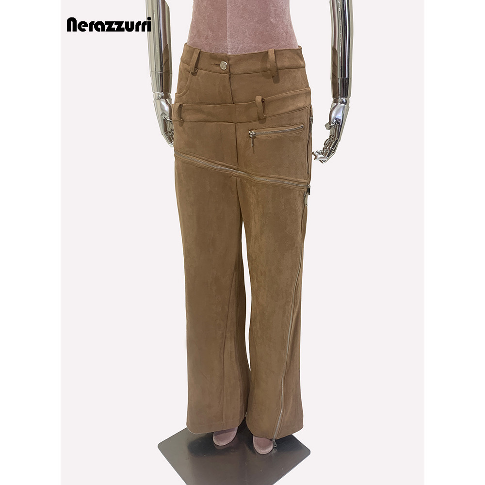 Luxury Designer European Clothes Spring Double Waisted Long Khaki Stretchy Suede Faux Leather Pants 5