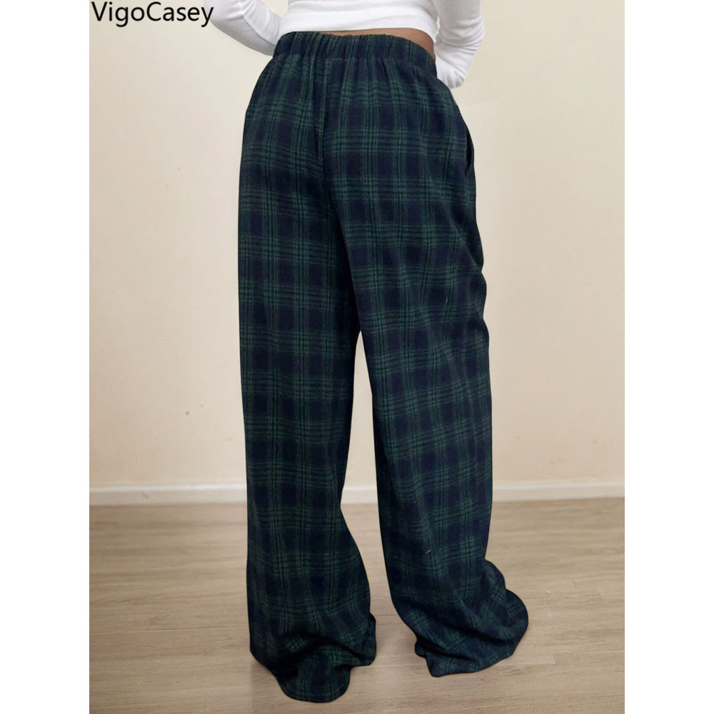 Casual Women Plaid Print Pants, High Waist Wide Leg Pants Lady Green, Autumn Winter Baggy Pants Ladies Trousers