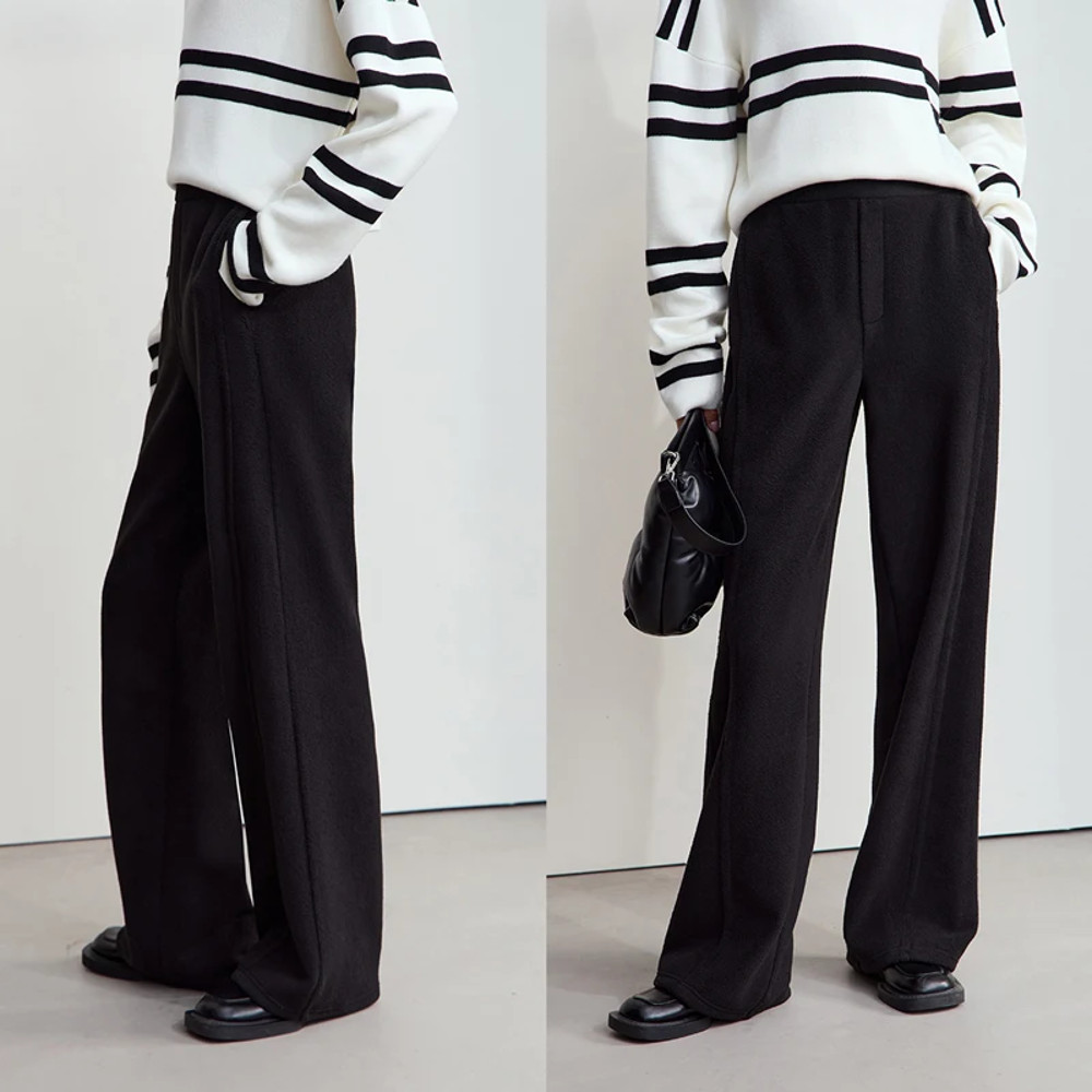 Winter Women Suede Wide Leg Trousers Minimalist False Placket Rear Rubber Band Waist Casual Pants S 5