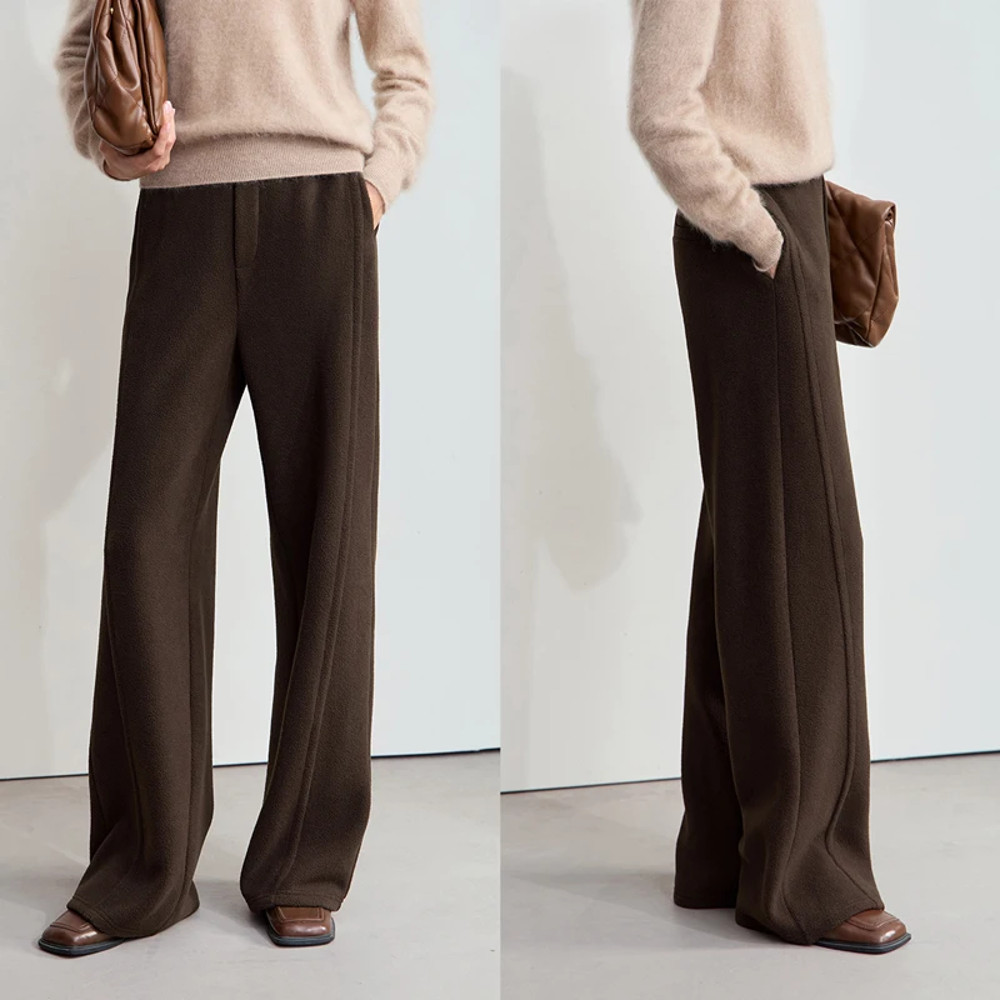 Winter Women Suede Wide Leg Trousers Minimalist False Placket Rear Rubber Band Waist Casual Pants S 6