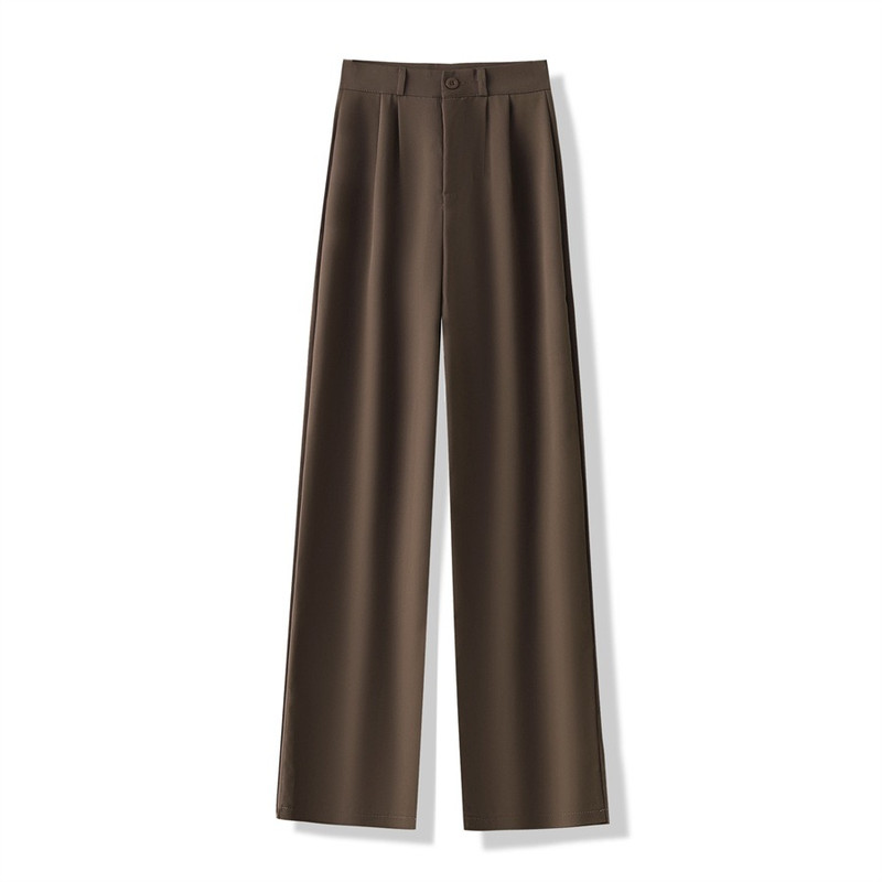 High Waist Women Suit Pants, Straight Office Trousers for Ladies, Casual Loose Fashion Button Coffee Black Pants