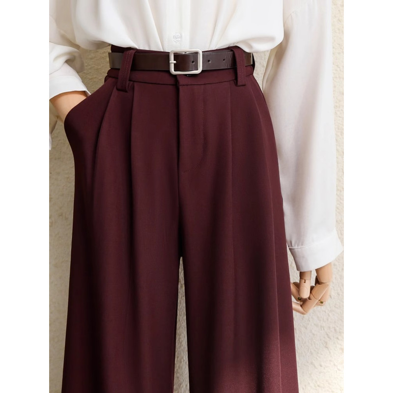 Office Lady Elegant High Waist Wide Leg Fashion Trousers with Pockets, New Burgundy Suits Pants for Women