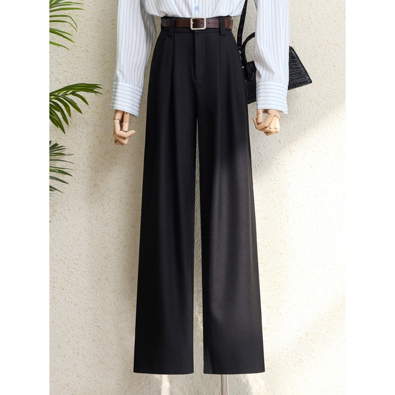 Office Lady Elegant High Waist Wide Leg Fashion Trousers with Pockets, New Burgundy Suits Pants for Women