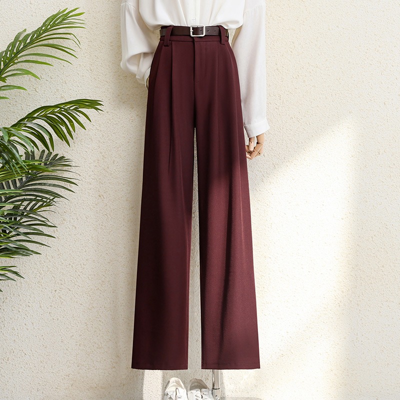 Office Lady Elegant High Waist Wide Leg Fashion Trousers with Pockets, New Burgundy Suits Pants for Women