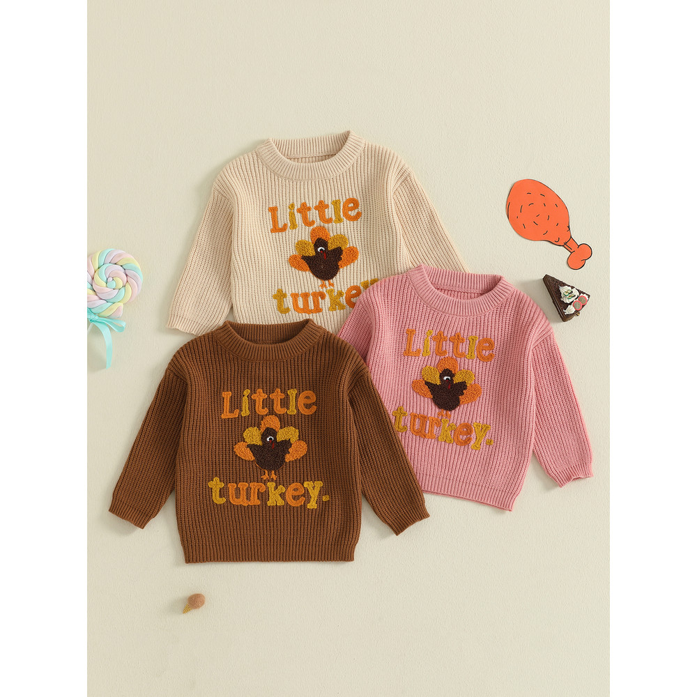 Baby Thanksgiving Sweater, Cozy Fall Long Sleeve Knit Top with Turkey Embroidery and Crewneck Design for Infants