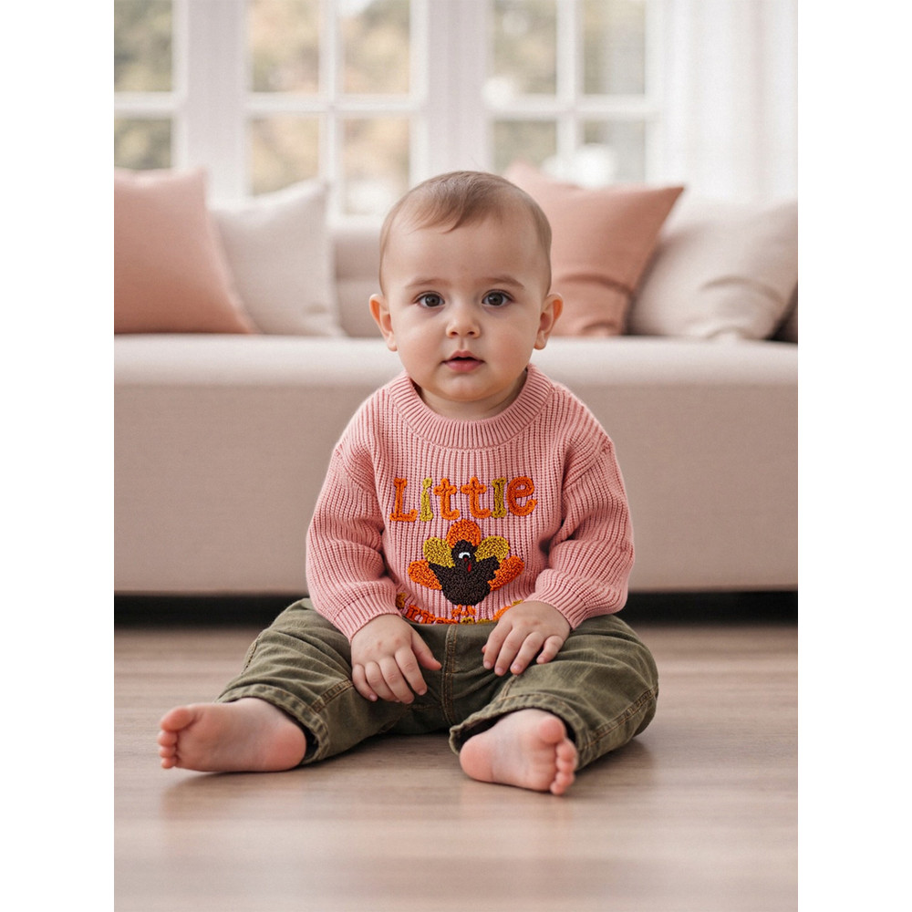 Baby Thanksgiving Sweater, Cozy Fall Long Sleeve Knit Top with Turkey Embroidery and Crewneck Design for Infants