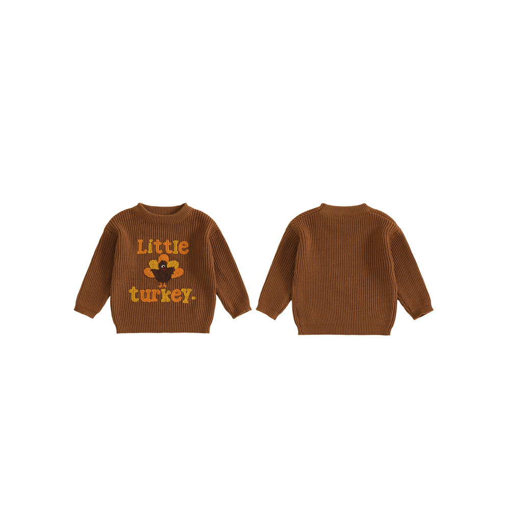 Baby Thanksgiving Sweater, Cozy Fall Long Sleeve Knit Top with Turkey Embroidery and Crewneck Design for Infants