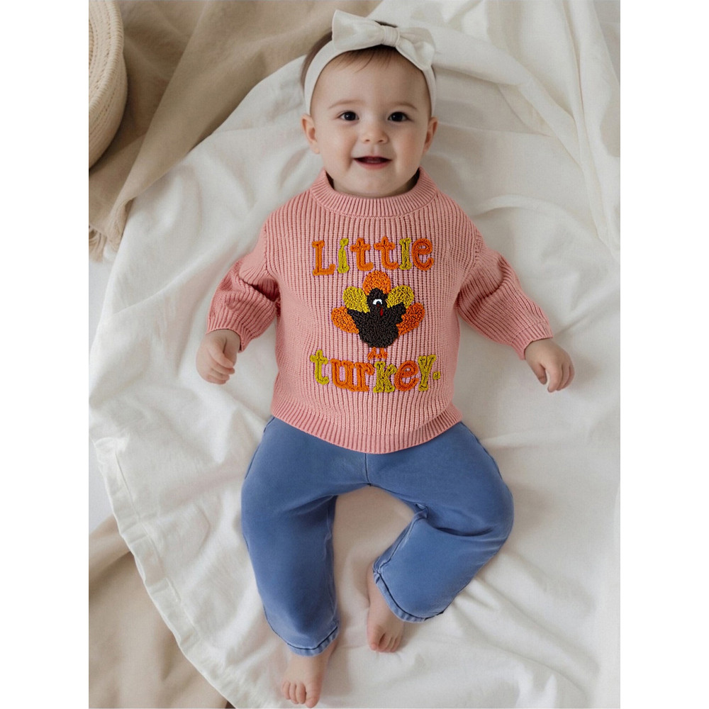Baby Thanksgiving Sweater, Cozy Fall Long Sleeve Knit Top with Turkey Embroidery and Crewneck Design for Infants