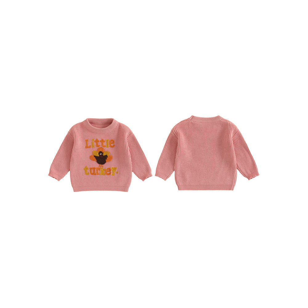 Baby Thanksgiving Sweater, Cozy Fall Long Sleeve Knit Top with Turkey Embroidery and Crewneck Design for Infants