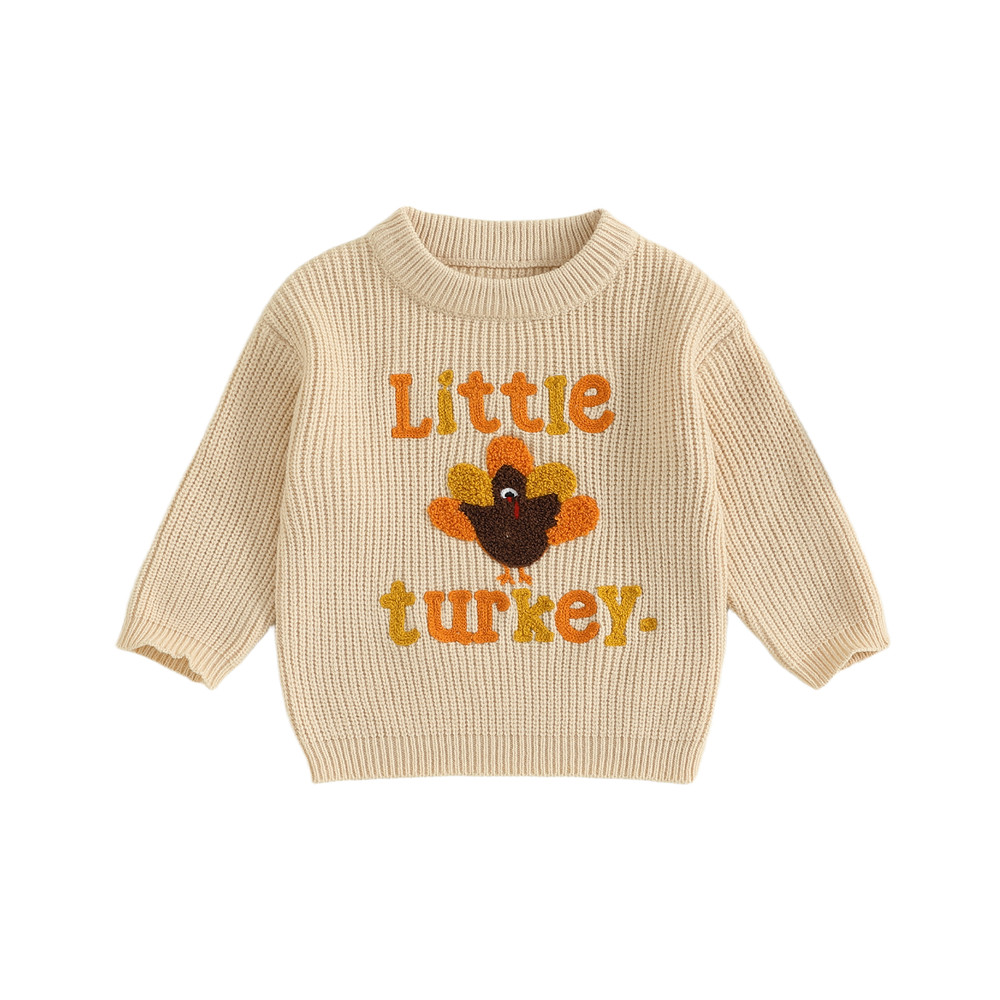 Baby Thanksgiving Sweater, Cozy Fall Long Sleeve Knit Top with Turkey Embroidery and Crewneck Design for Infants