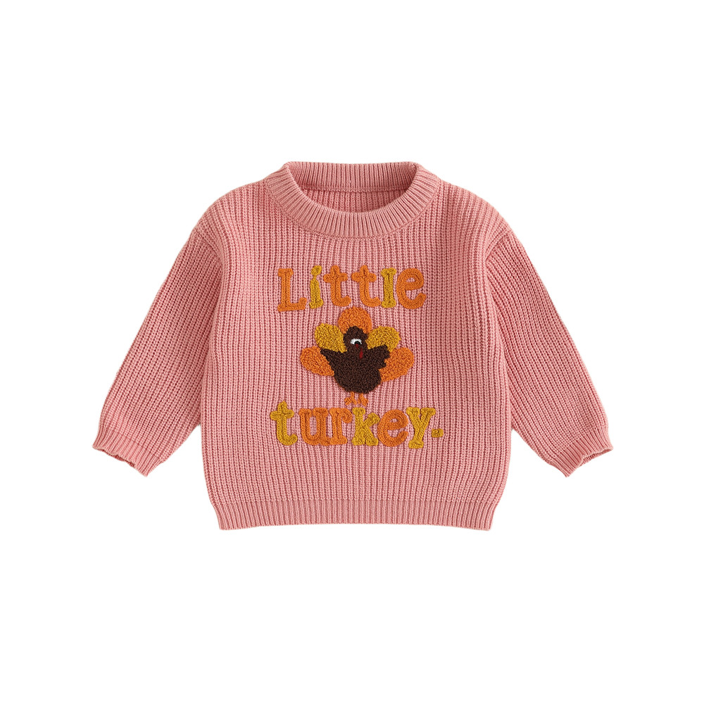 Baby Thanksgiving Sweater, Cozy Fall Long Sleeve Knit Top with Turkey Embroidery and Crewneck Design for Infants