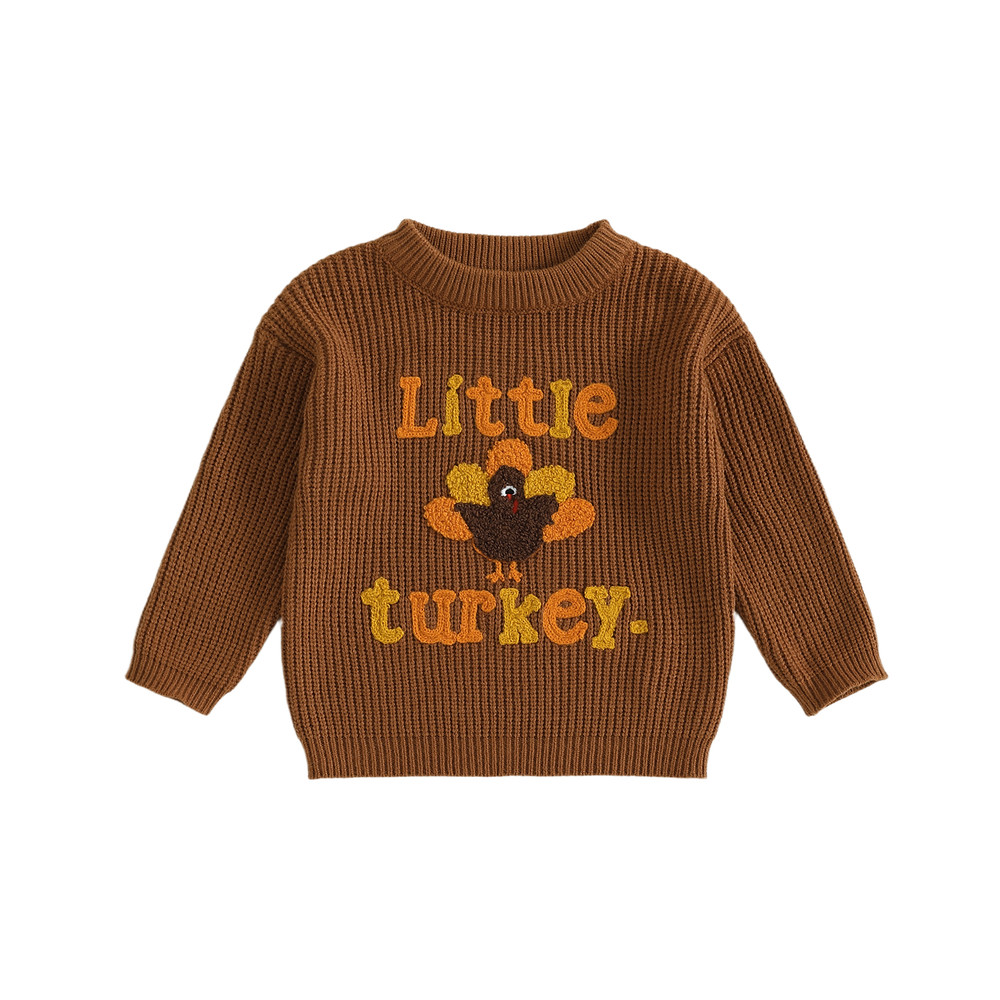 Baby Thanksgiving Sweater, Cozy Fall Long Sleeve Knit Top with Turkey Embroidery and Crewneck Design for Infants