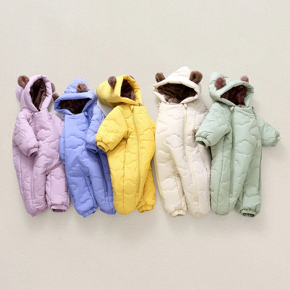 Thickened Fleece Lined Double Layer Hooded Romper 0-2Y Winter Warm Kids Snowsuit with Bear Ears, Toddler Baby Girl Boy