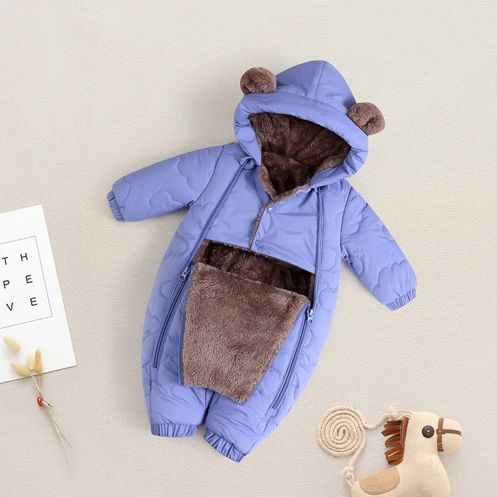Thickened Fleece Lined Double Layer Hooded Romper 0-2Y Winter Warm Kids Snowsuit with Bear Ears, Toddler Baby Girl Boy